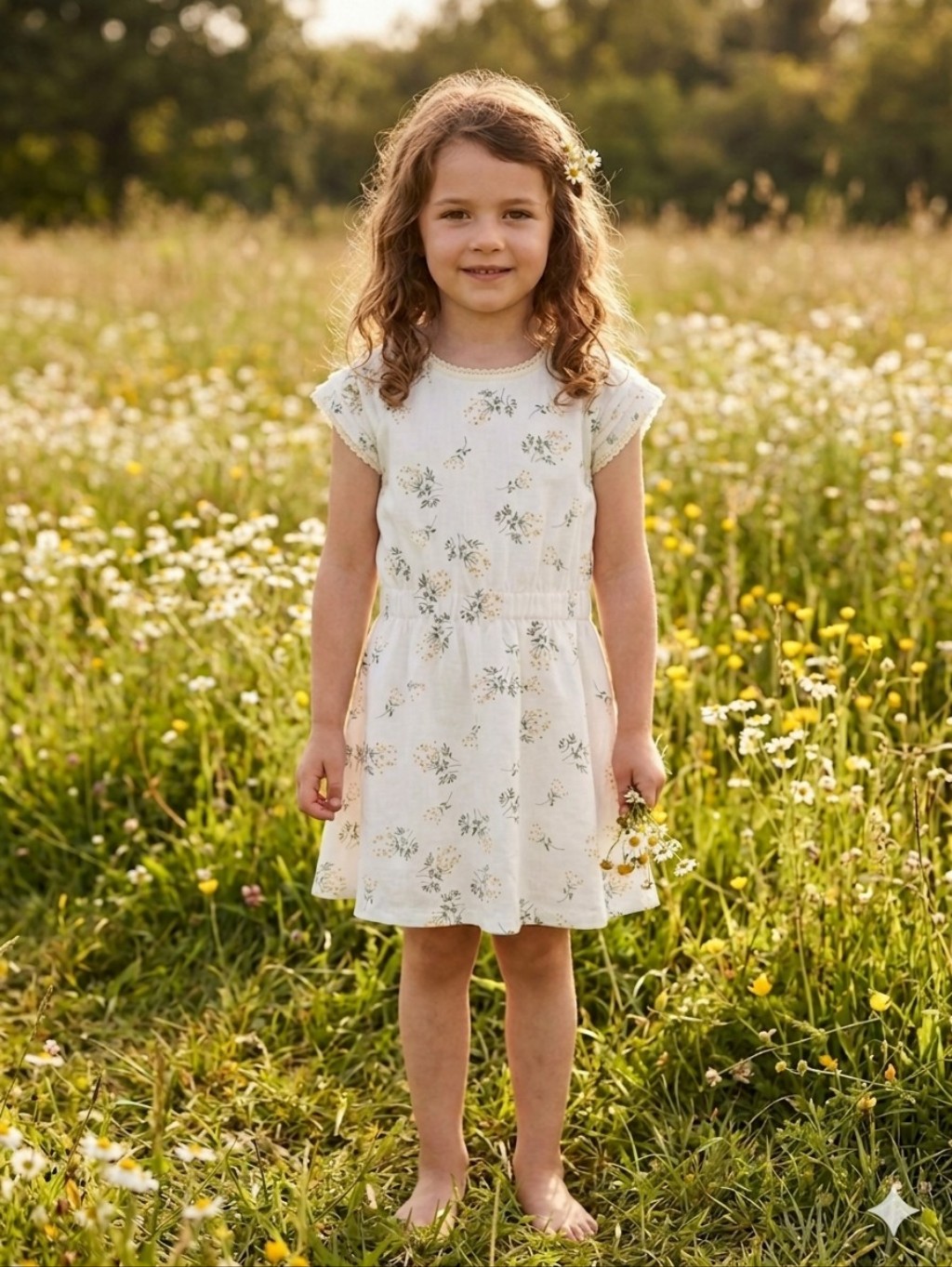 Girls White Floral Elastic-Waist Summer Dress Made In Spain